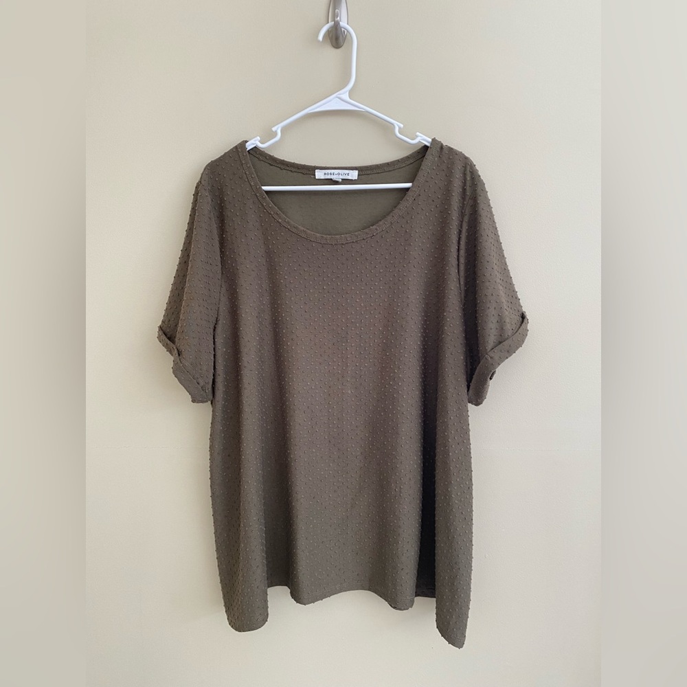 Olive Swiss Dot Short Sleeve Boxy Top with Tortoiseshell Buttons Down Back sz 3x